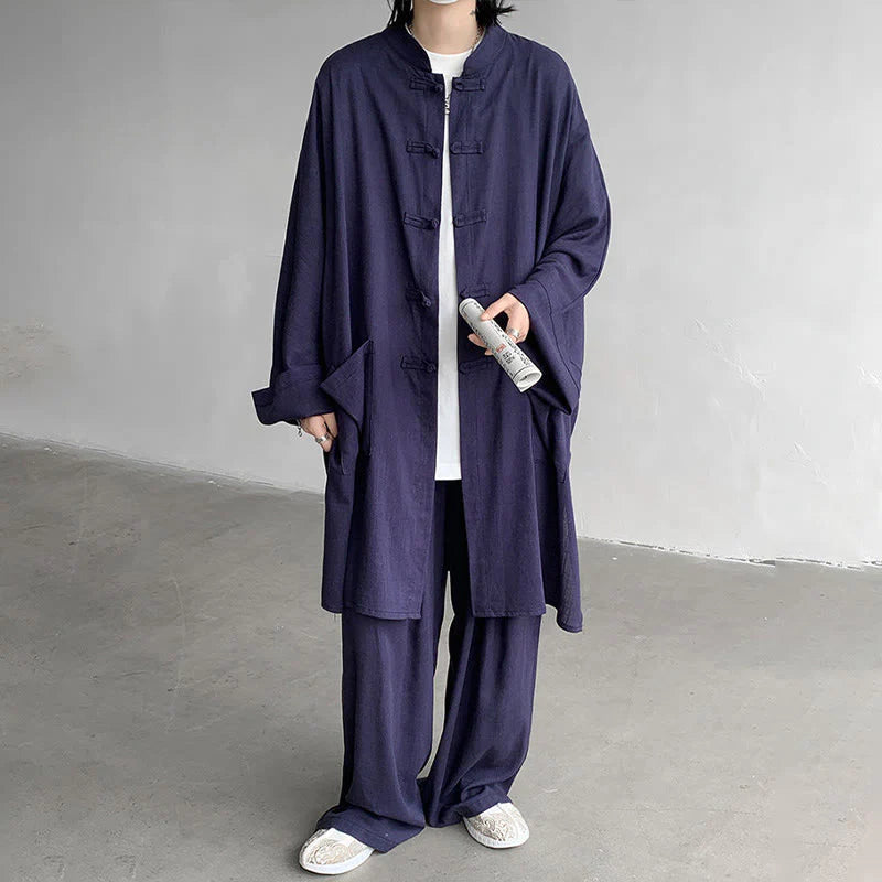 Buddha Stones 2Pcs Men's Long Sleeve Frog-Button Shirt Pants Meditation Zen Cotton Clothing Set