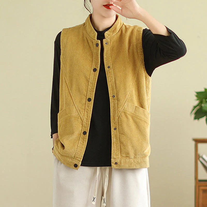 Buddha Stones Plain Sleeveless Women's Cotton Vest Corduroy Waistcoat With Pockets