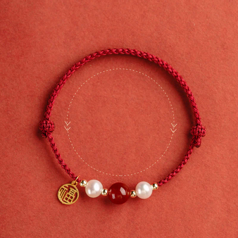 Buddha Stones 925 Sterling Silver Good Fortune Fu Character Agate Pearl Red String Braid Bracelet (Extra 30% Off | USE CODE: FS30)