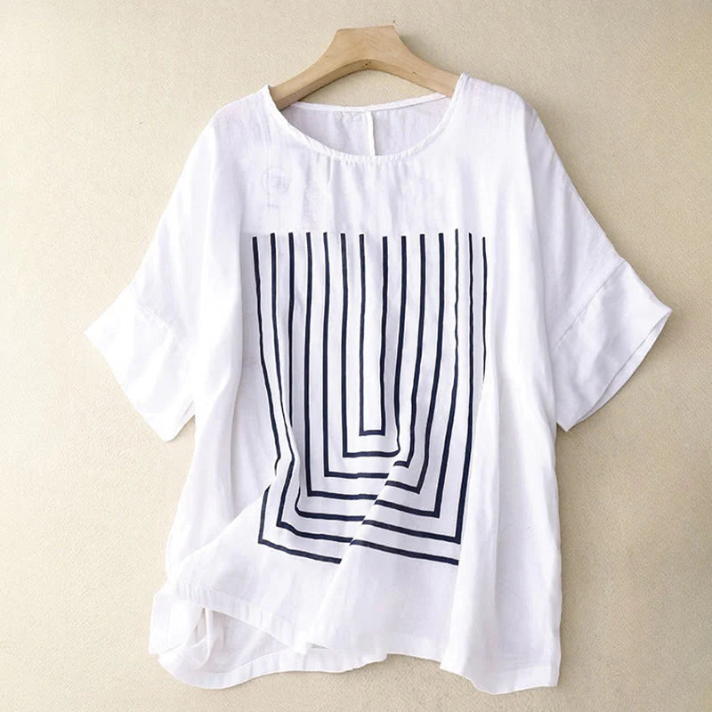 Buddha Stones Casual Line Printing Pattern Short Sleeve Cotton Linen Women's T-Shirt