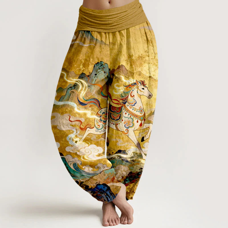 Buddha Stones Cotton Gorgeous Mountain Horse Cloud Pattern Women's Elastic Waist Harem Pants