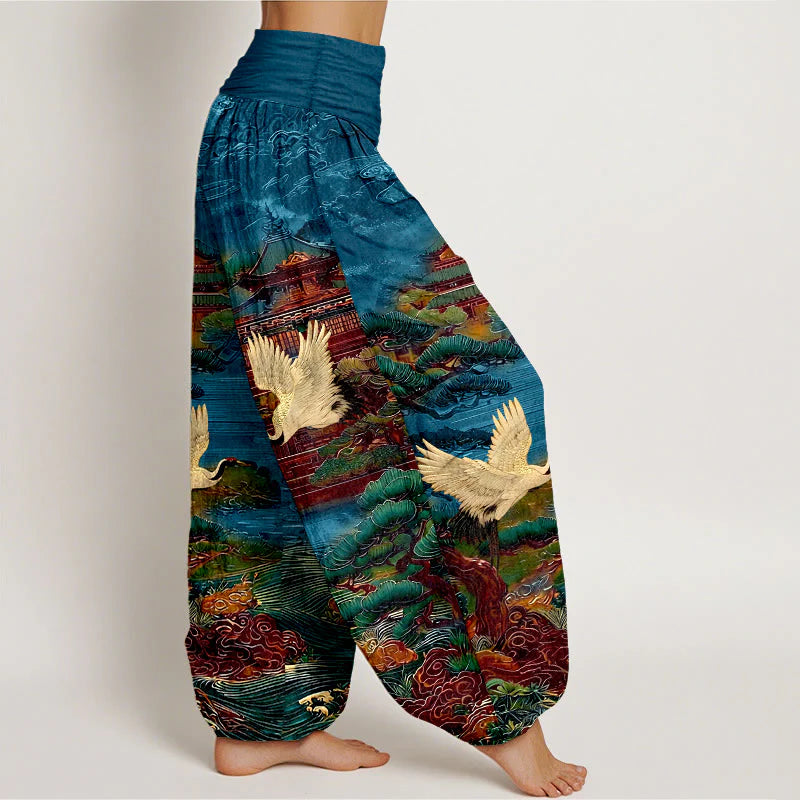 Buddha Stones Cotton Exquisite Crane Architecture Pine Tree Cloud Pattern Women's Elastic Waist Harem Pants