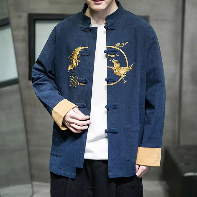 Buddha Stones Embroidery Cranes Pattern Frog-Button Men's Cotton Long Sleeve Jacket With Pockets