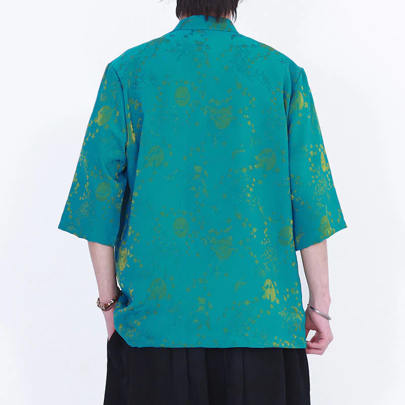 Buddha Stones Summer Vintage Elegant Mandarin Collar Gold Cloud Pattern Elbow Sleeve Men's Shirt
