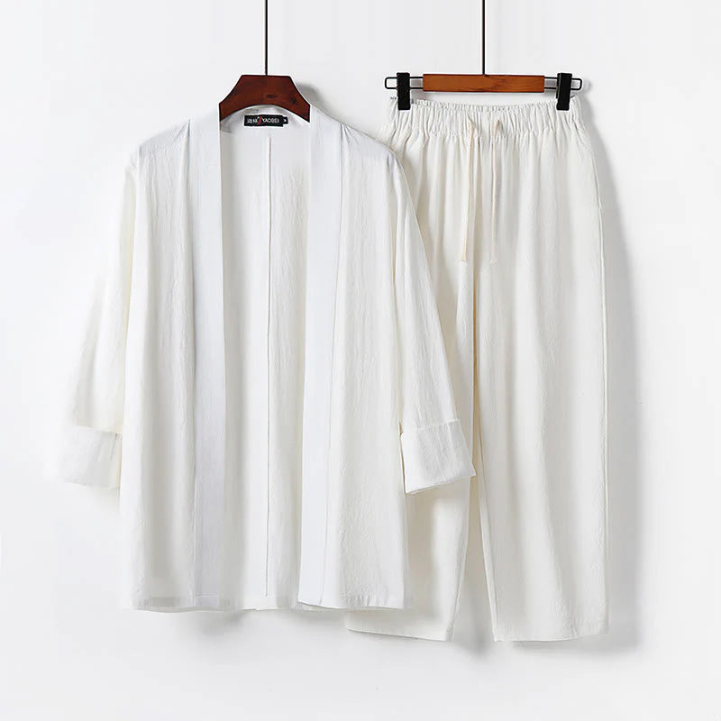 Buddha Stones 2Pcs Cotton Kimono Ankle-Length Pants Men's Meditation Cloth Set