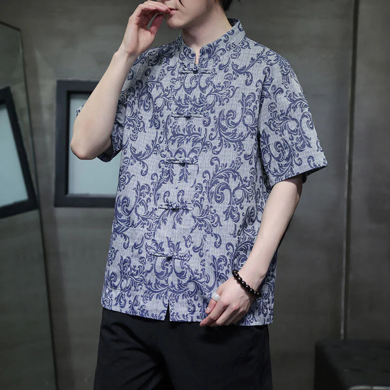 Buddha Stones Summer Floral Vine Pattern Tang Suit Men's Frog-Button Short Sleeve Shirt With Pockets