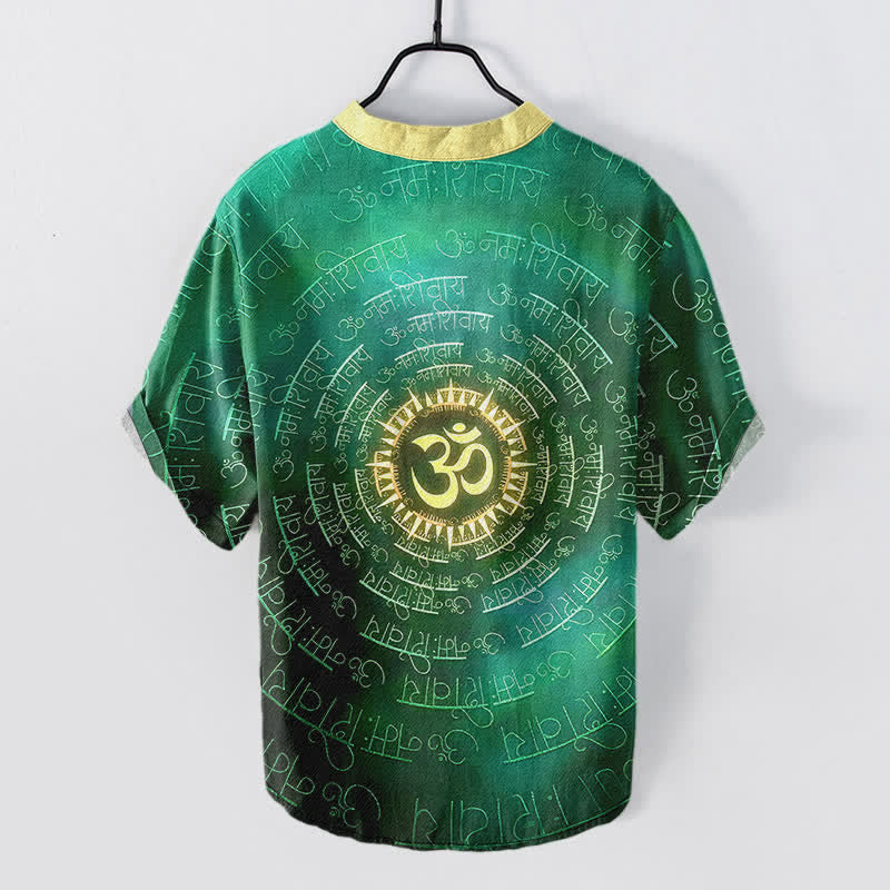 Buddha Stones Cotton Om Mantra Emblem Men's Short Sleeve Half Button Shirt