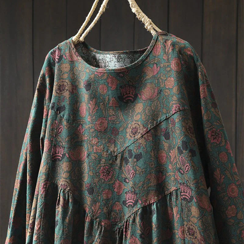 Buddha Stones Retro Floral Pattern A-line Design Long Sleeve Women's Cotton Maxi Dress