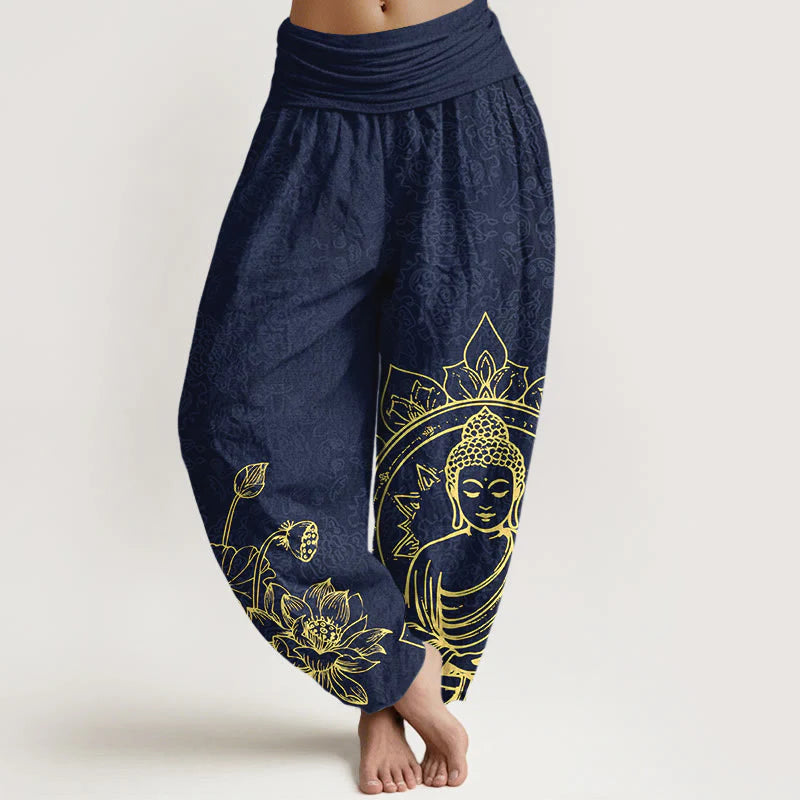 Buddha Stones Pure Cotton Classical Lotus Flower Seedpod Leaf Buddha Pattern Women's Elastic Waist Harem Pants