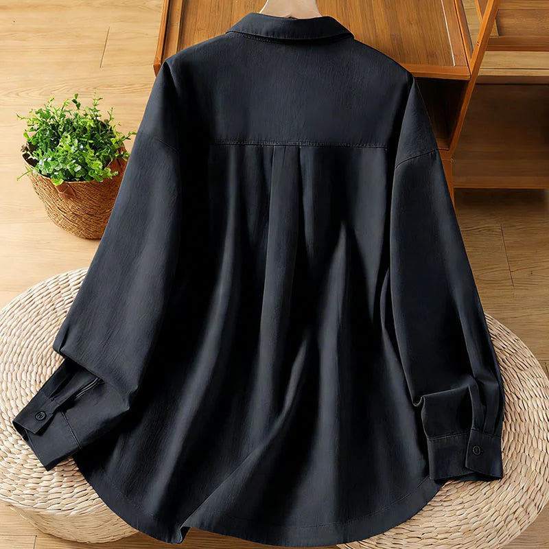 Buddha Stones Spring Plain Lapel Long Sleeve Women's Cotton Shirt With Pockets