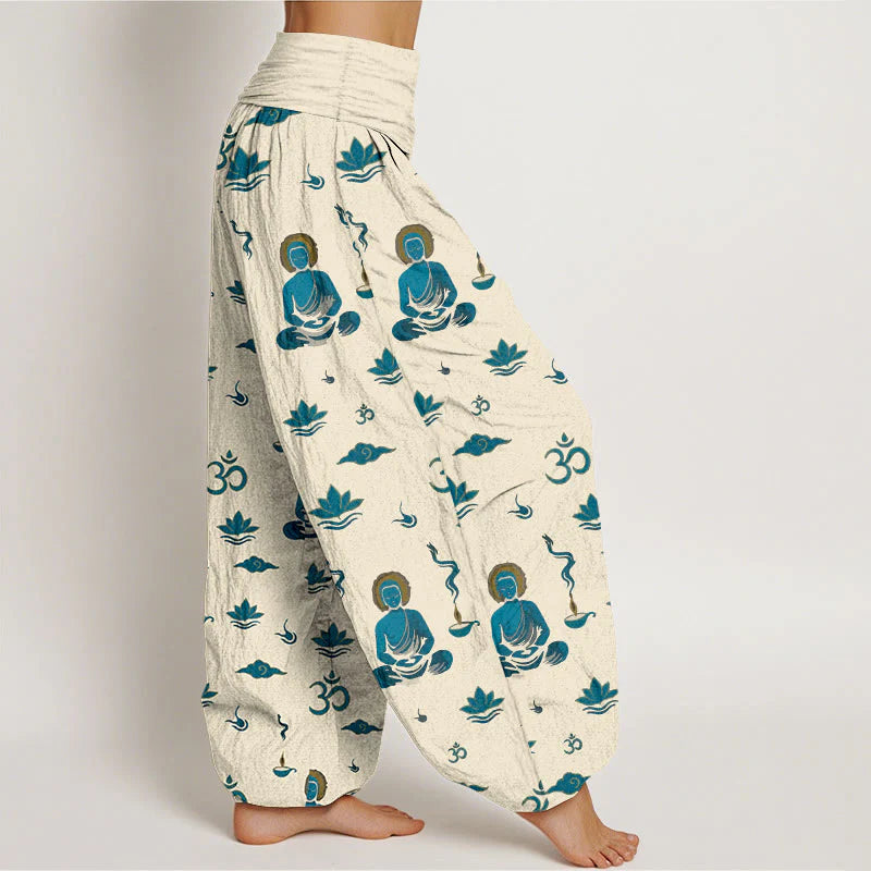 Buddha Stones Cotton Om Symbol Lotus Cloud Buddha Pattern Women's Elastic Waist Harem Pants