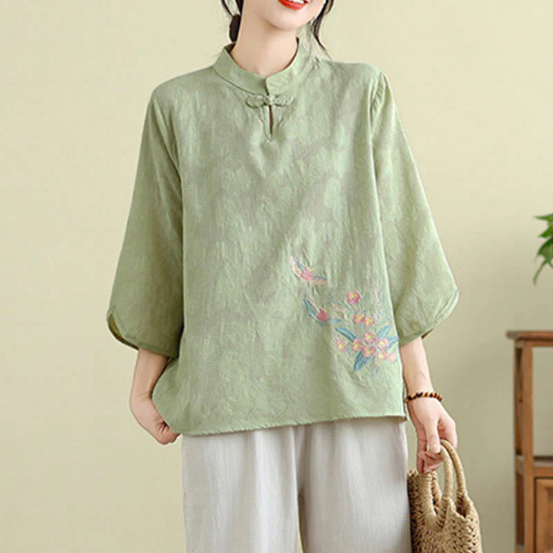 Buddha Stones Flower Embroidery Three Quarter Sleeve One Frog-Button Mandarin Collar Cotton Women's Shirt