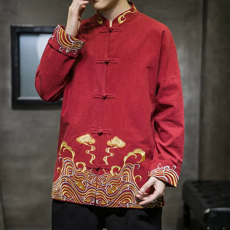 Buddha Stones Embroidered Clouds Frog-Button Long Sleeve Men's Cotton Tang Suit Jacket