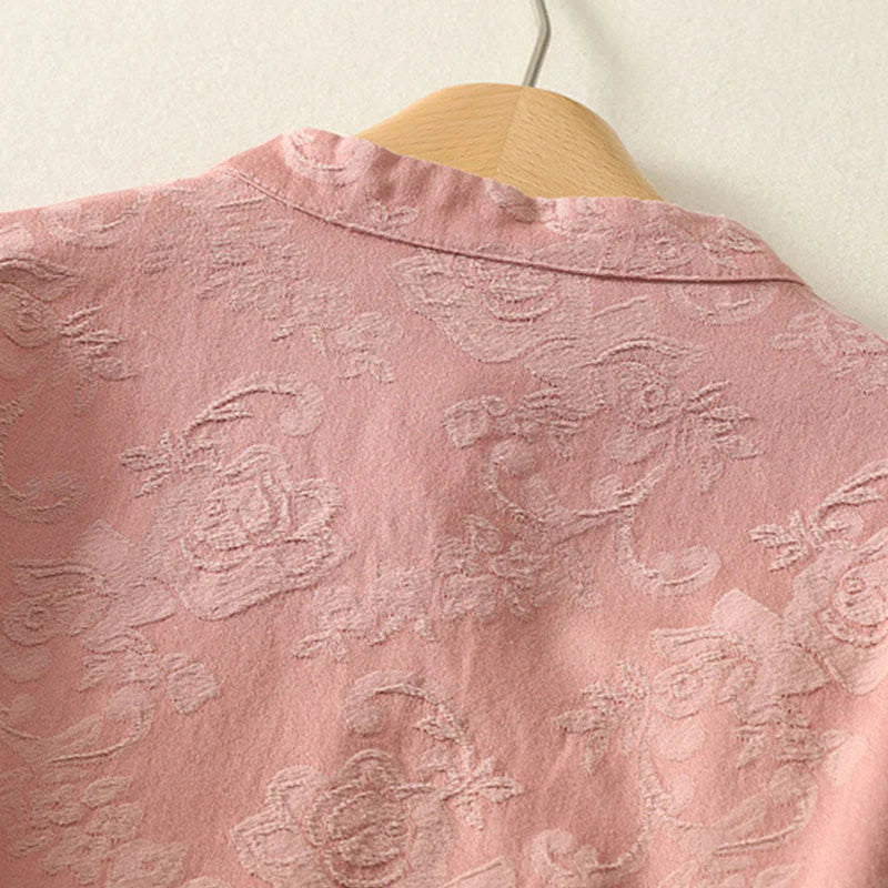 Buddha Stones Spring Plain Jacquard Design Women's Cotton Zen Long Sleeve Shirt