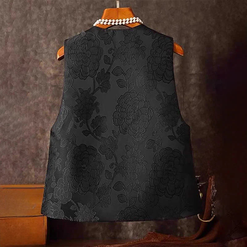 Buddha Stones Black Peony Flowers Frog-Button Pattern Cotton Women's Sleeveless Vest Waistcoat