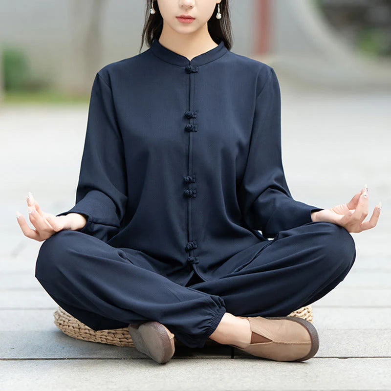 Buddha Stones 2Pcs Chinese Frog-Button Long Sleeve Shirt Top Pants Meditation Zen Tai Chi Cotton Clothing Women's Set