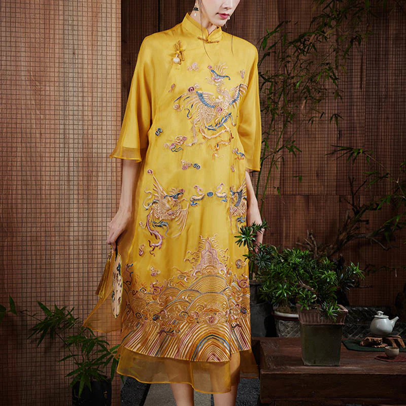 Buddha Stones 100% Mulberry Silk Organza Dress Embroidered Yellow Phoenix Qipao Cheongsam Dress  (Extra 30% Off | USE CODE: FS30)