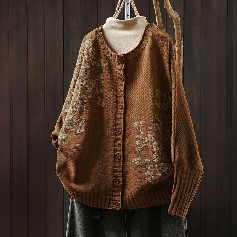 Buddha Stones Floral Buttons Cotton Women's Long Batwing Sleeve Knitted Cardigan