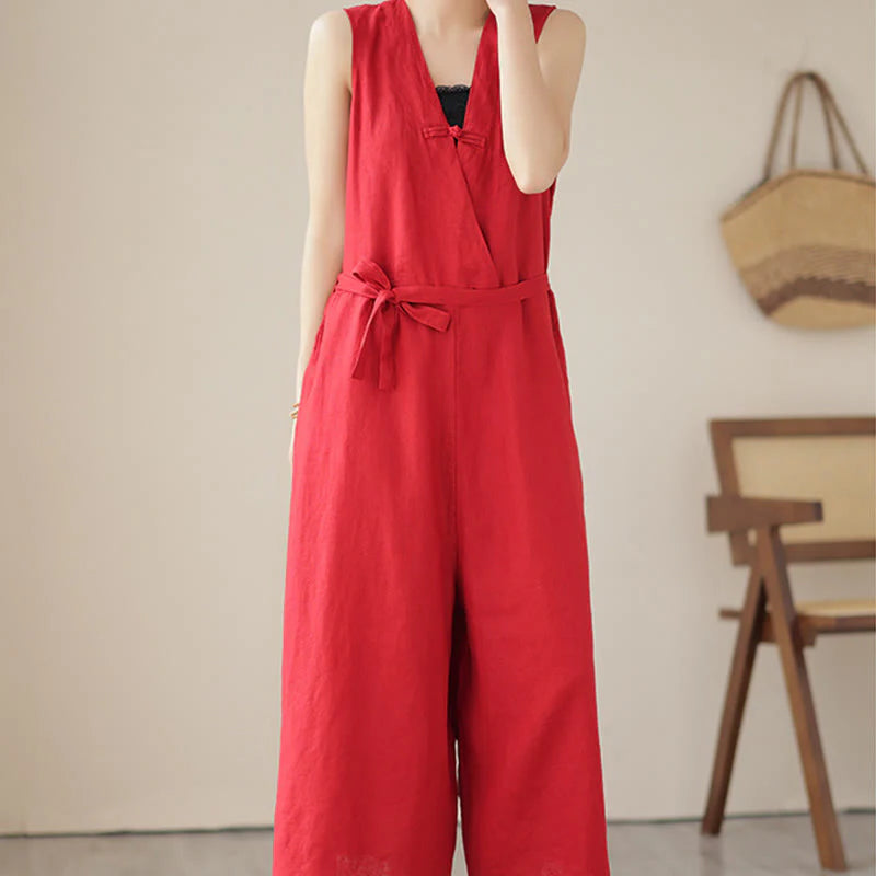 Buddha Stones Casual Lace-Up Simple Sleeveless Design Women's Cotton Linen Jumpsuit With Pockets