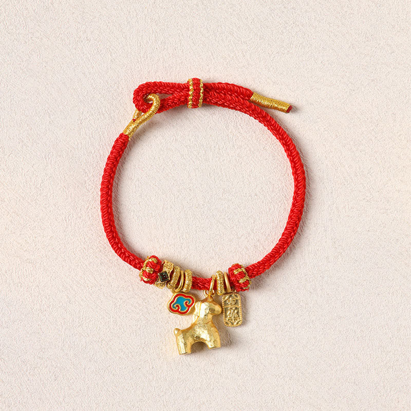 Buddha Stones Year Of The Horse Copper Red String Fu Character Lotus Luck Bracelet
