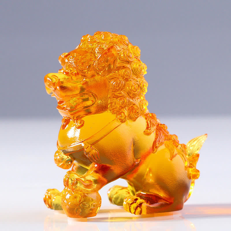 Buddha Stones Handmade Liuli Crystal Lion Art Piece Strength Home Office Decoration