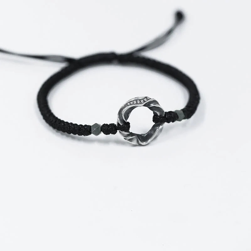 Buddha Stones 999 Sterling Silver Peace Buckle Black Wax Rope Protection Bracelet