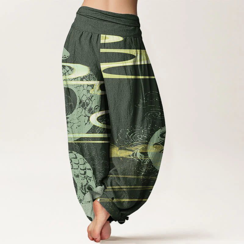 Buddha Stones Cotton Auspicious Clouds With Snake Pattern Women's Elastic Waist Harem Pants