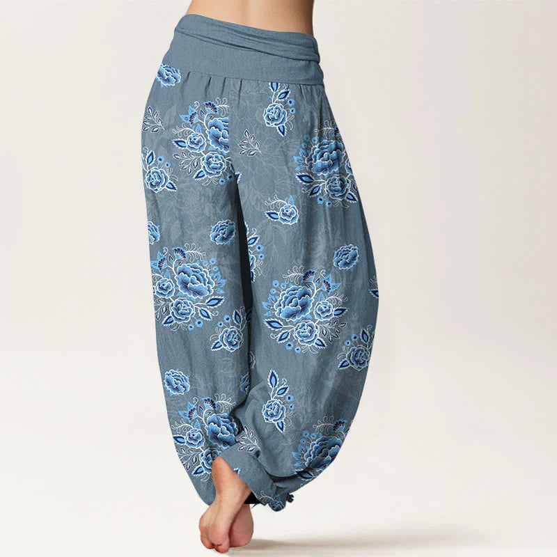 Buddha Stones Pure Cotton Blue Flower Pattern Women's Elastic Waist Harem Pants