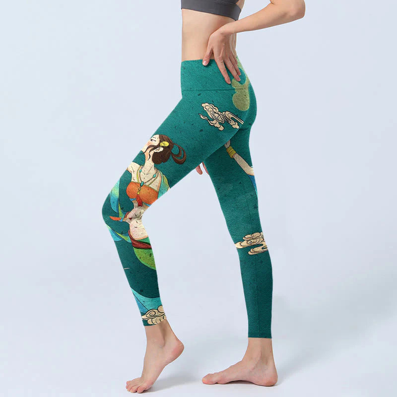 Buddha Stones Elegant Fairy Crane Cloud Pine Tree Pattern Print Gym Leggings Women's Yoga Pants