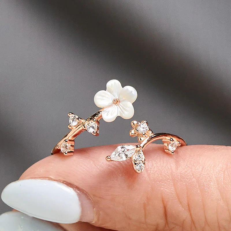 Buddha Stones 925 Sterling Silver White Flower Design Adjustable Blessing Ring