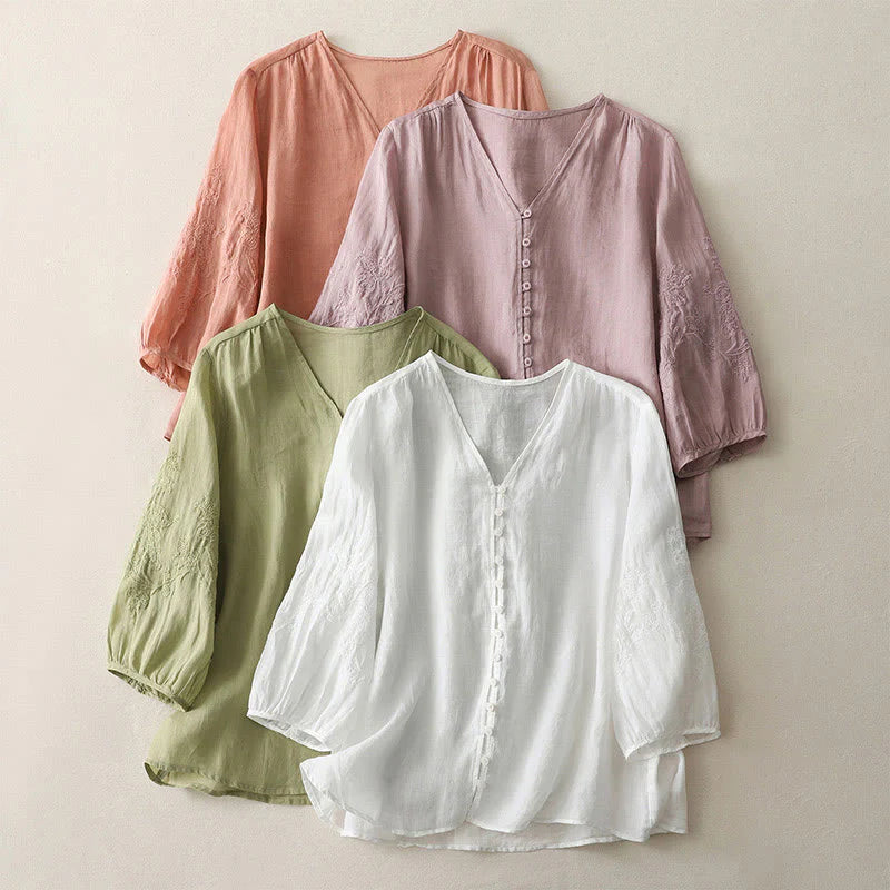 Buddha Stones Embroidery Button-down Women's Cotton Linen Shirt