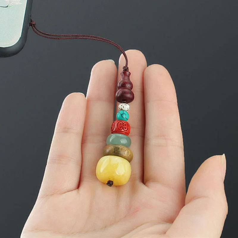 Buddha Stones Green Sandalwood Ebony Wood Gourd Seven Layer Pagoda Positive Phone Hanging Decoration