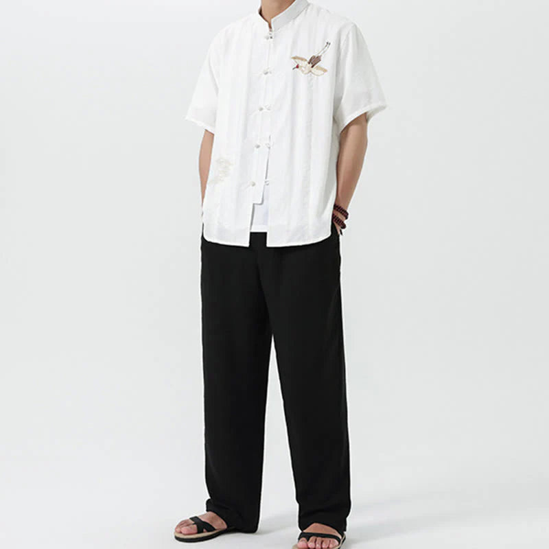 Buddha Stones Embroidery Buttons Half Sleeve Design Stand Collar Men's Cotton Shirt