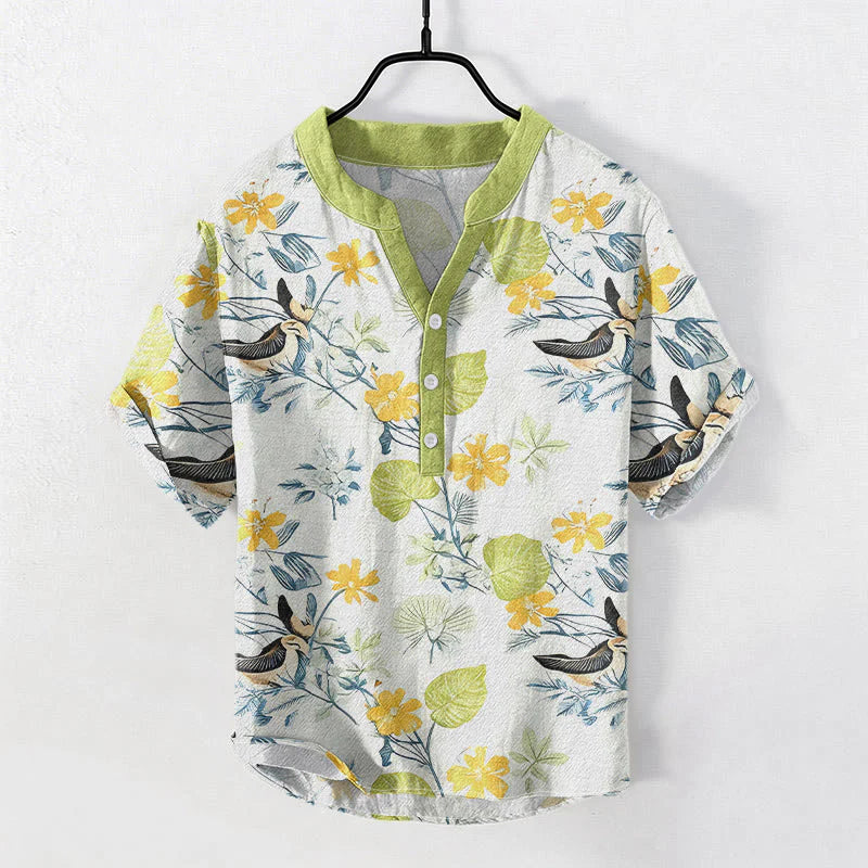Buddha Stones Cotton Tropical Floral Bird Pattern Men's Short Sleeve Half Button Shirt