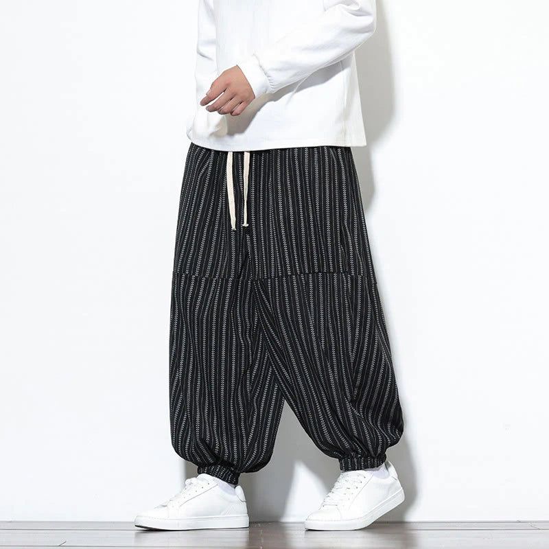 Buddha Stones Fall Striped Pattern Drawstring Men's Harem Corduroy Pants With Pockets