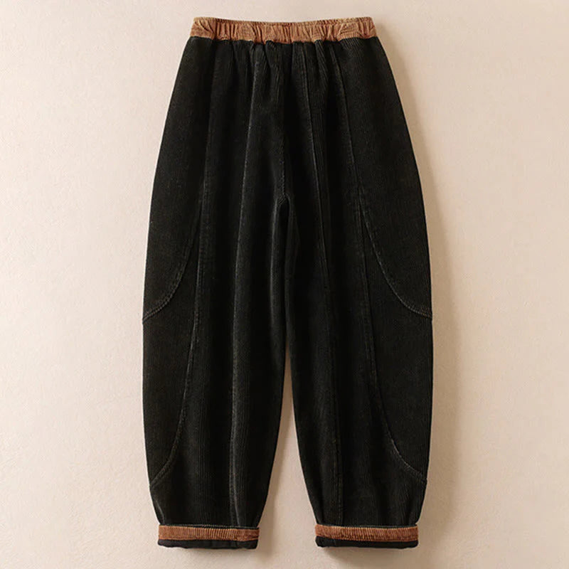 Buddha Stones Color Contrast Corduroy Cotton Women's Thermal Fleece-Lined Harem Pants With Pockets
