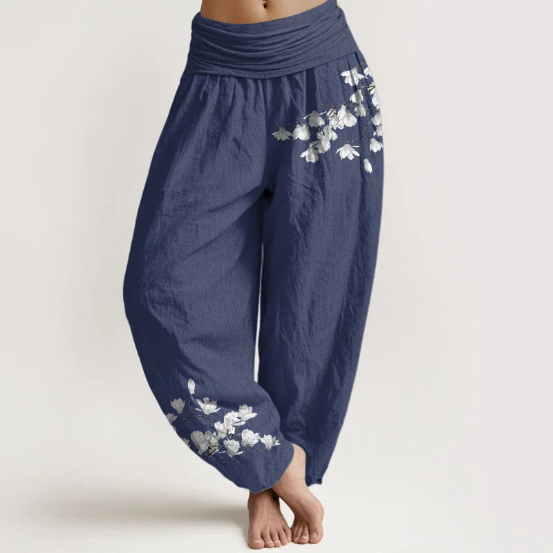 Buddha Stones Pure Cotton Minimalist Style Magnolia Flower Pattern Women's Elastic Waist Harem Pants