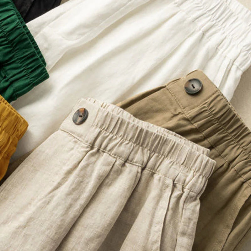 Buddha Stones Summer Casual Plain Zipper Button Cotton Linen Women's Shorts With Pockets