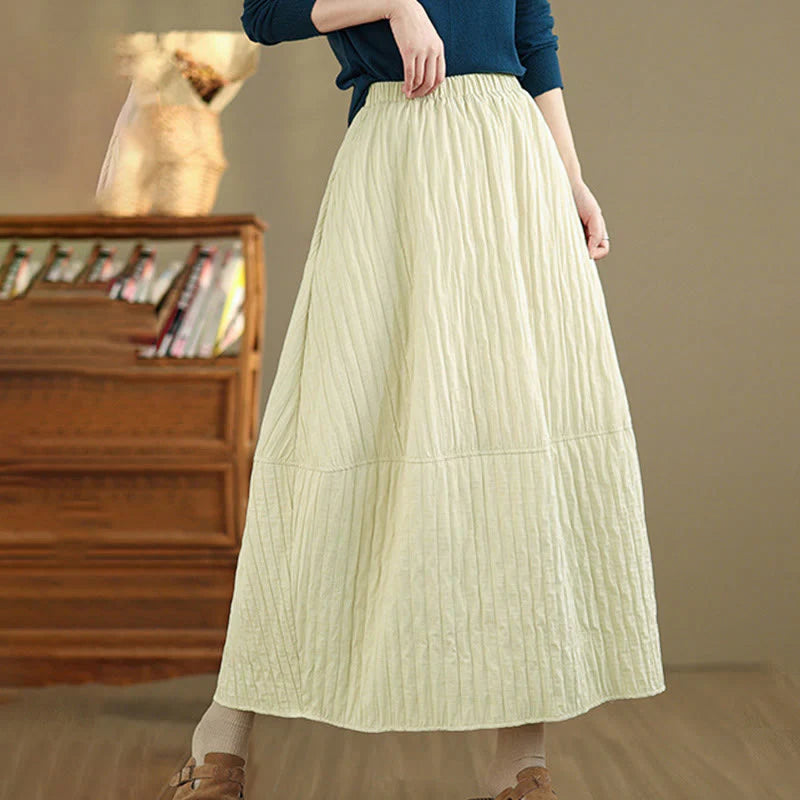 Buddha Stones Plain Pleats Design Elastic Waist Women's Thermal Skirt With Pockets