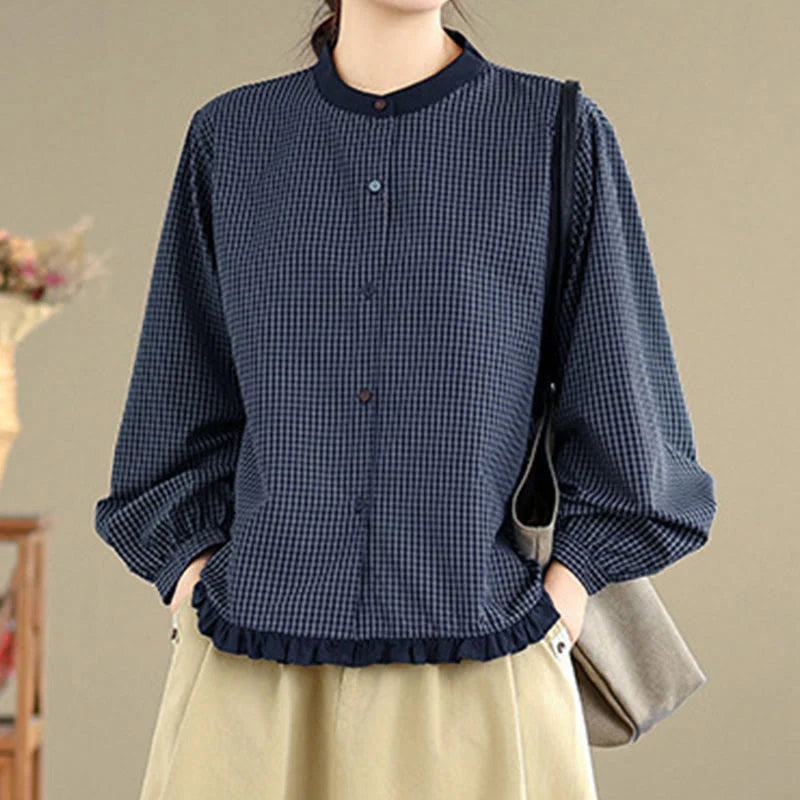 Buddha Stones Fall Plaid Striped Pattern Ruffled Hem Buttons Women's Cotton Long Sleeve Shirt
