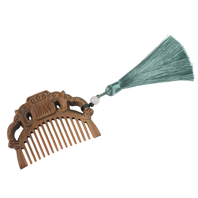 Buddha Stones Green Sandalwood Fox Peony Flower Lotus Engraved Cure Tassel Comb