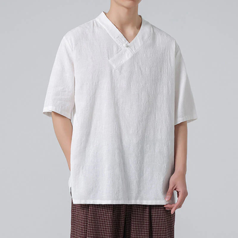 Buddha Stones Ethnic Distressed Jacquard Frog-Button Men's Stand Collar Half Sleeve Cotton Linen Shirt Tai Chi Clothes