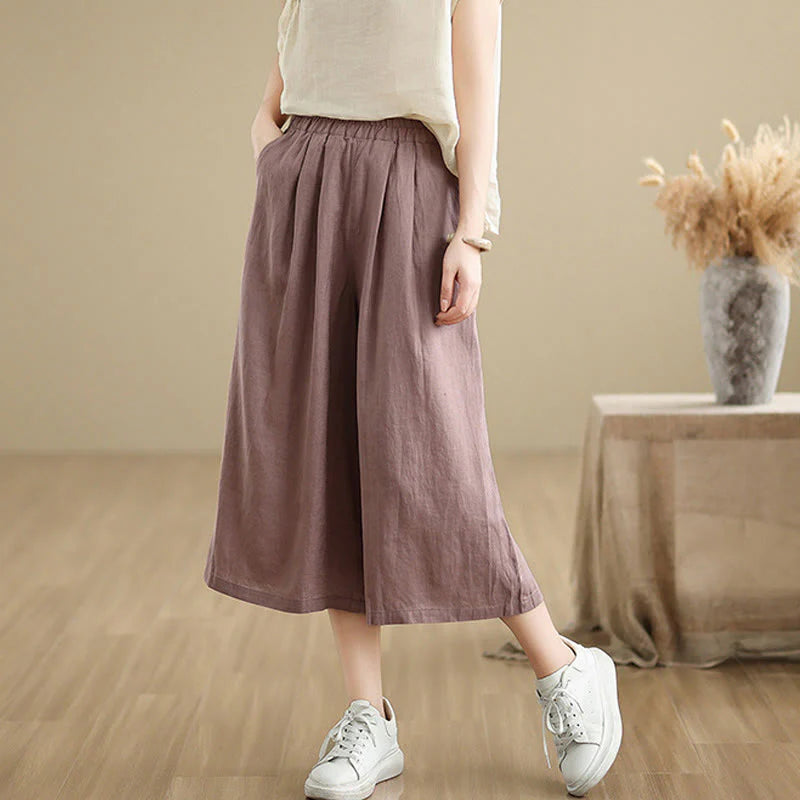 Buddha Stones Summer Solid Color Patchwork Simple Design Women's Cotton Wide Leg Cropped Pants With Pockets