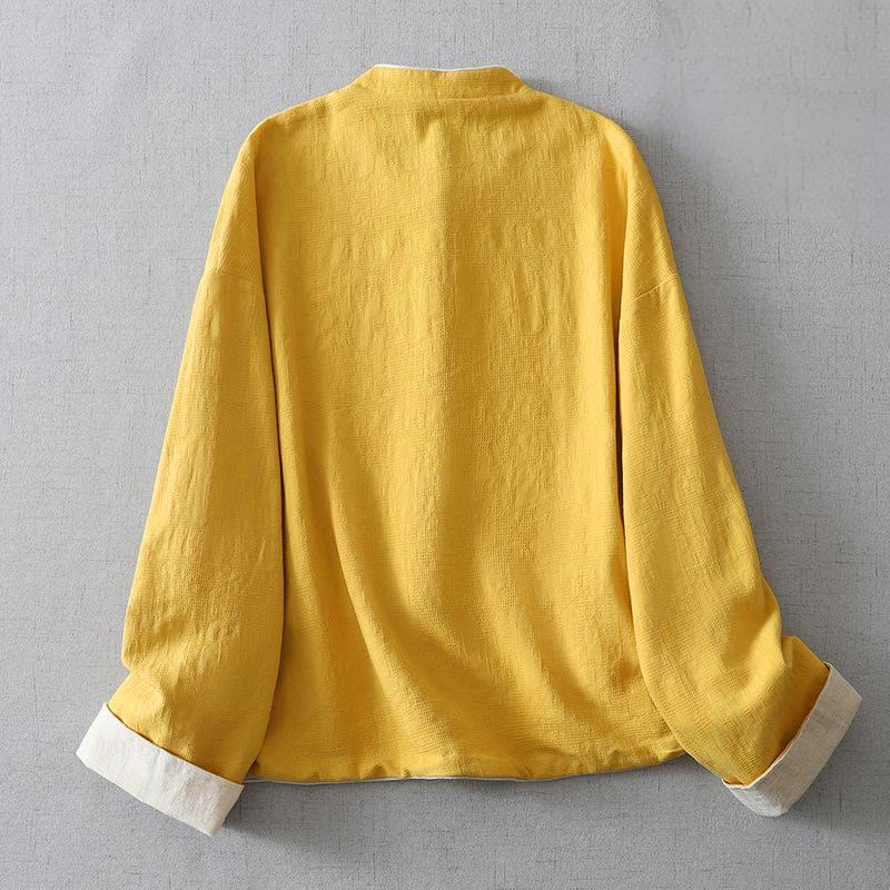 Buddha Stones Women's Plain Jacquard Stand Collar Long Sleeve Cotton Linen Jacket With Pockets