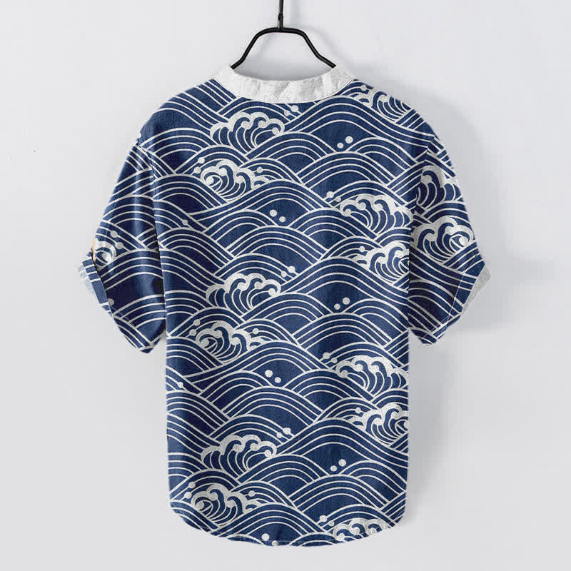 Buddha Stones Cotton Wave Emblem Men's Short Sleeve Half Button Shirt