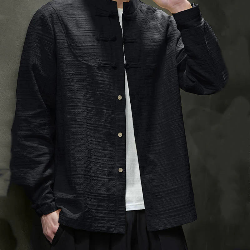 Buddha Stones Solid Color Half Frog-button Tang Suit Cotton Linen Men's Jacket Shirt