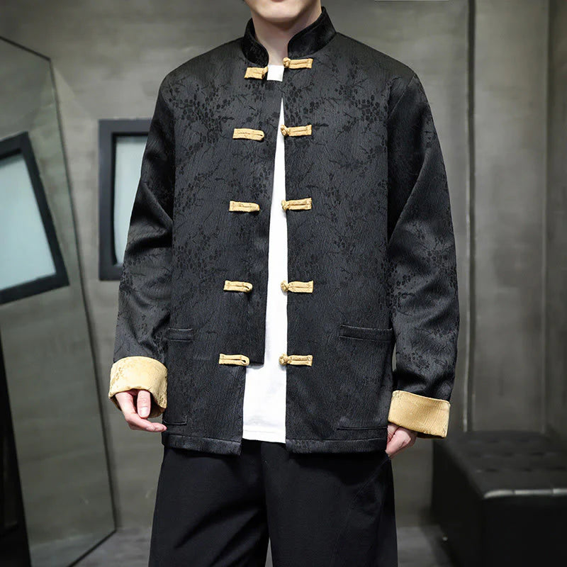 Buddha Stones Jacquard Stand Collar Long Sleeve Men's Cotton Jacket With Pockets