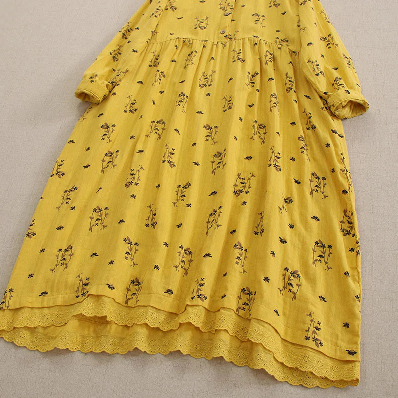 Buddha Stones Spring Small Floral Print Buttons Design Crew Neck Long Sleeve Midi Dress With Pockets