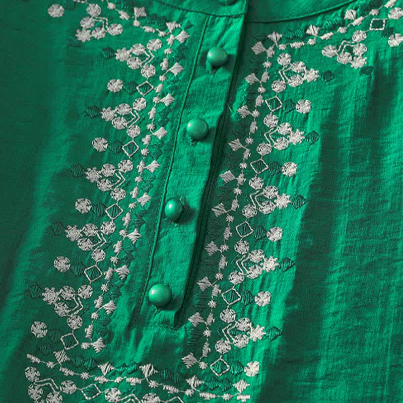 Buddha Stones Spring Embroidered Cotton Half Buttons Women's Short Sleeve Shirt