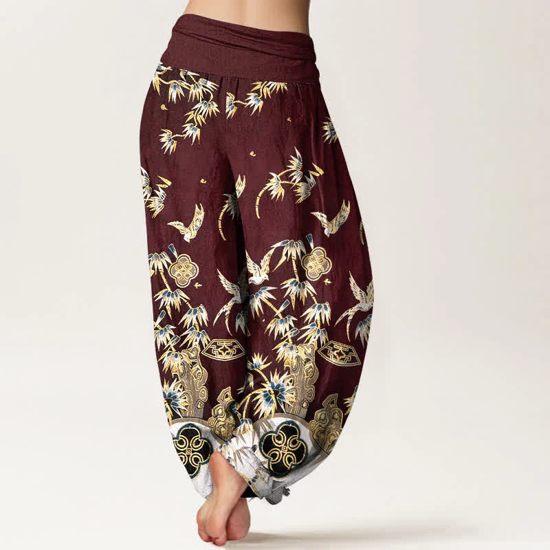 Buddha Stones Bird Bamboo Pattern Cotton Women's Harem High Elastic Waist Pants
